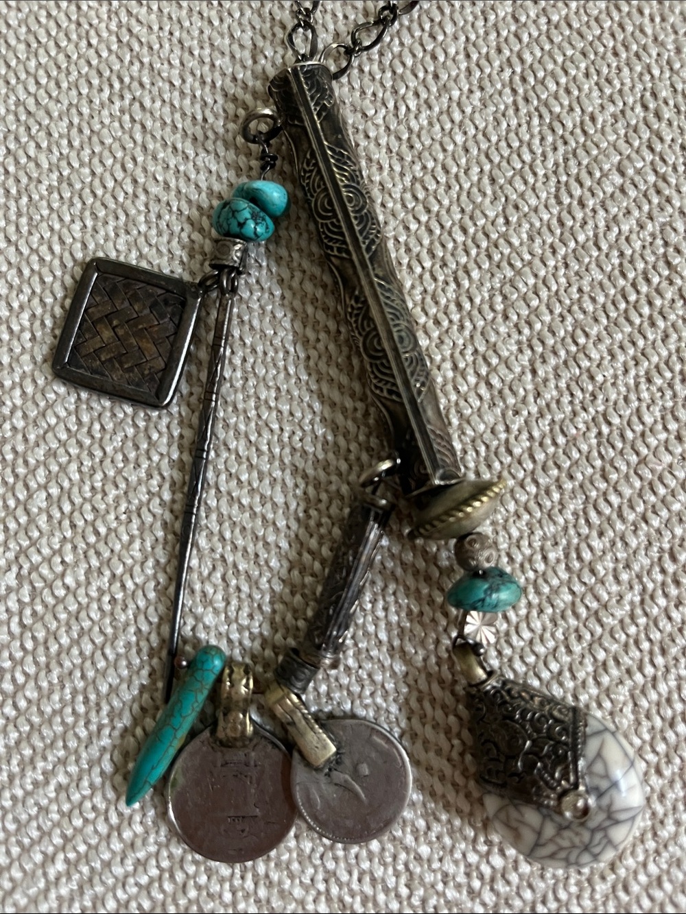Turquoise Accent Multi-Charm Blackened Silver Necklace